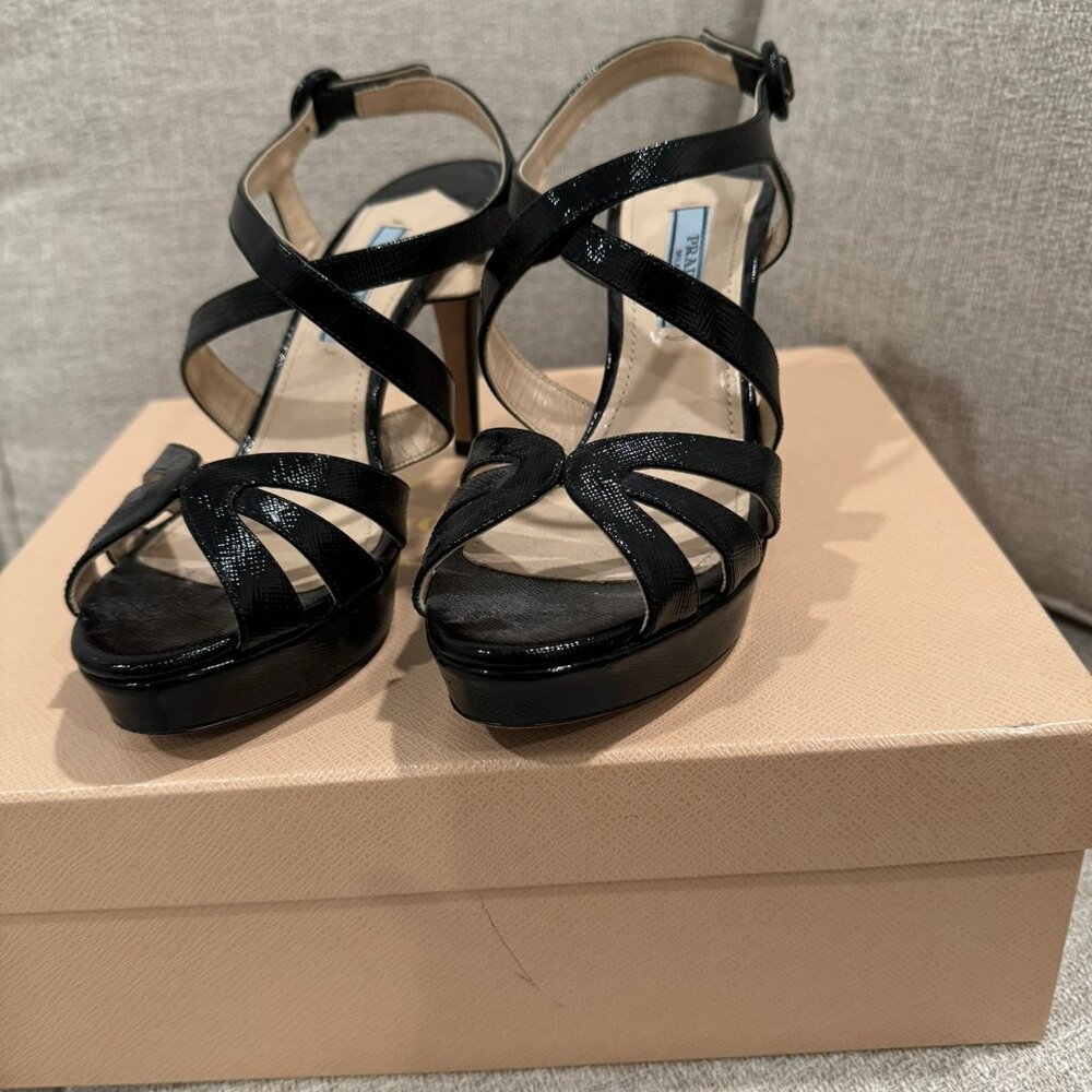 PRADA Black Leather Strappy Platform Sandal With Stacked Heel Size 35